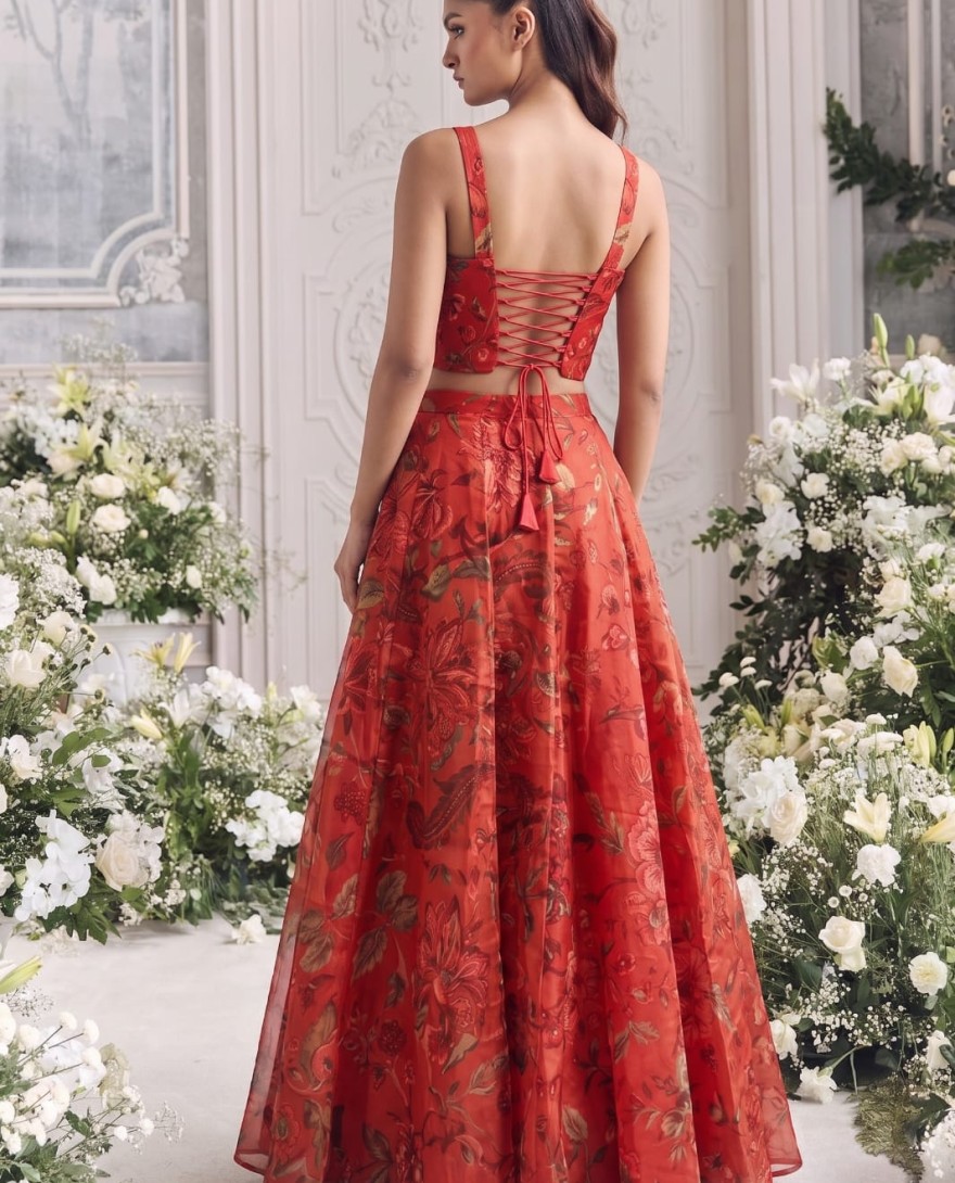 RED - Red Floral Tabby Organza Party Wear Lehenga Set